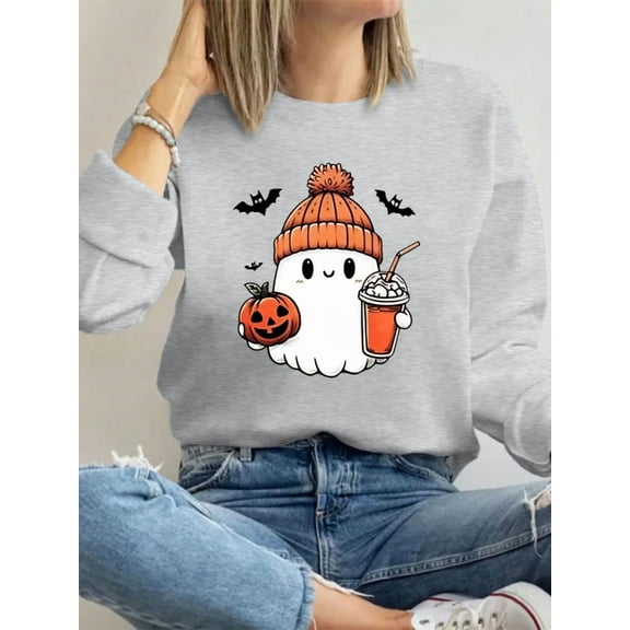Hallowmas SweatShirt for Women The Ghost Is Holding Pumpkin and Drink Graphic Tees Fall Halloween Sweatshirts