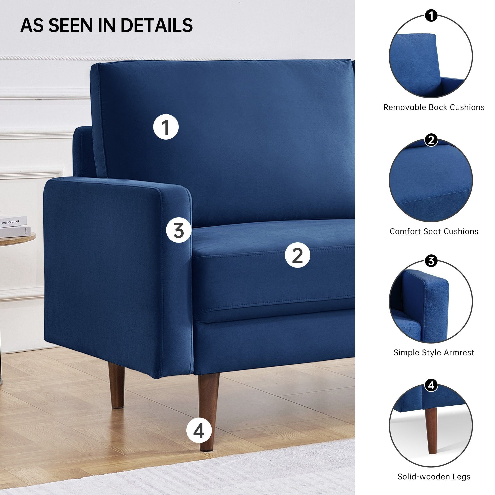 Lovelock 57" Mid-Century Modern Sofa Couch, Velvety Smooth Upholstered Loveseat with Wooden Legs, Suitable for Apartment, Dorm, Bedroom, Blue
