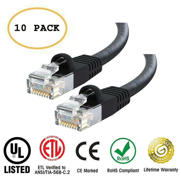 Huetron™ 10-Pack Cat 6 Ethernet Cable Cat6 Snagless Patch 15 Feet - Computer LAN Network Cord, BLACK