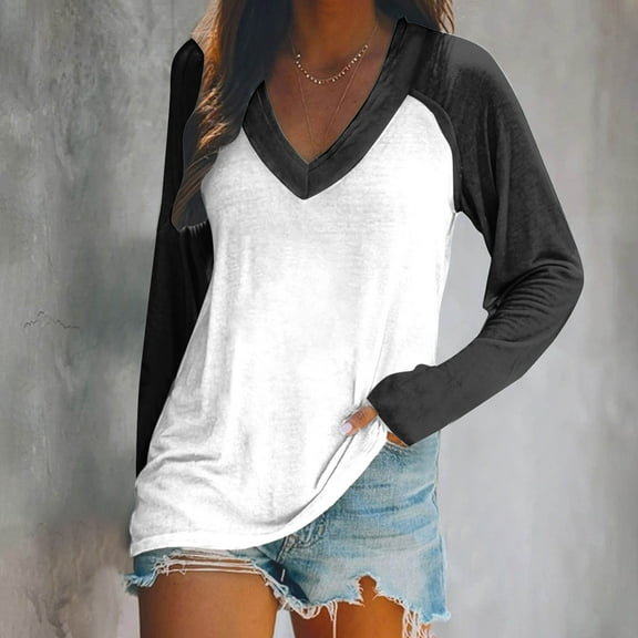 AXXD Black Basic Plus Size Shirts for Women Summer 2024 Ladies V Neck Loose Tops Casual Patchwork Color T-Shirts Long Sleeve Blouse