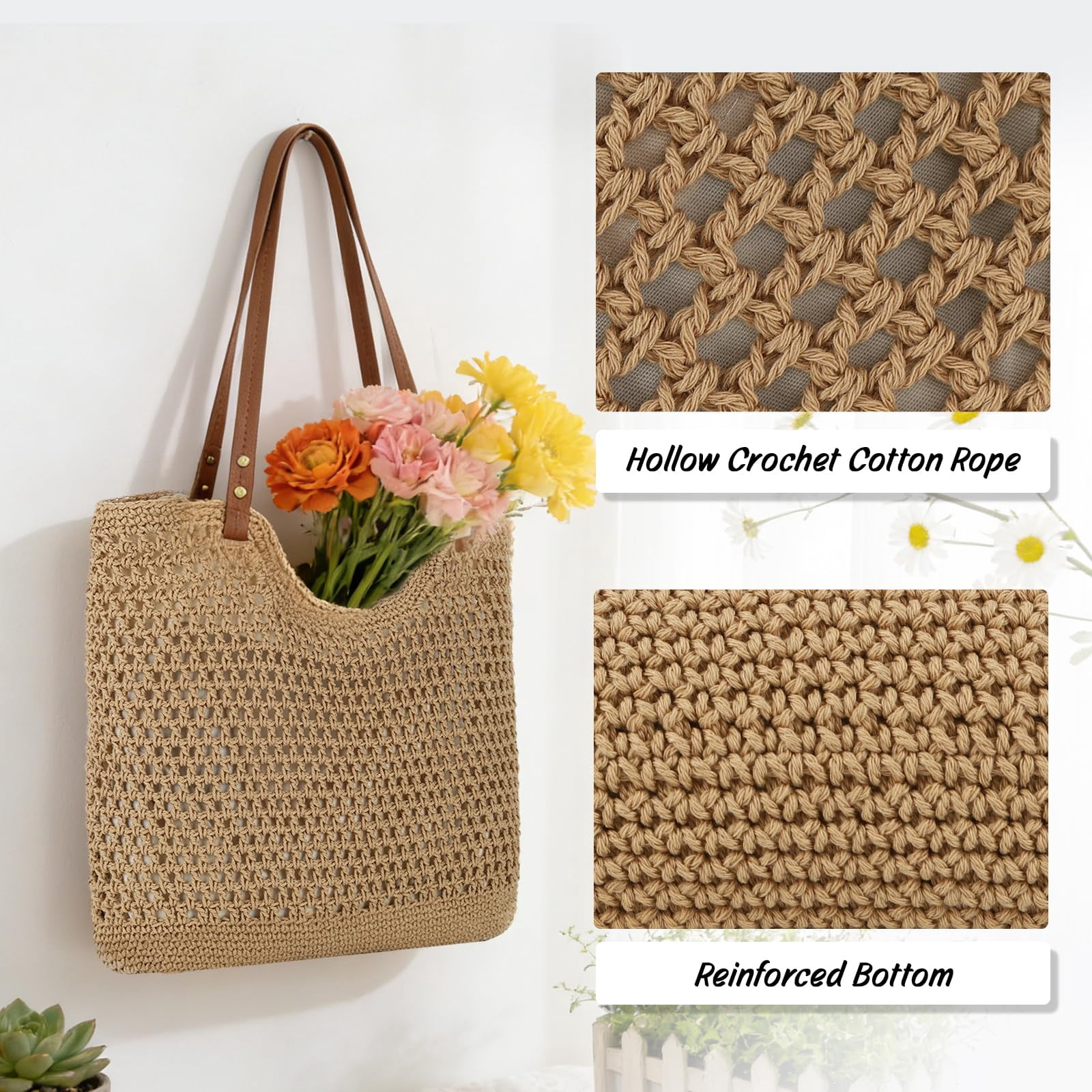 mirlewaiy Beach Bags for Women Woven Crochet Summer Purse 2026 | Boho Tote Bag, 13.8" Large Capacity, Tote Bag with Zipper, Foldable Packable, Beach Shipping, Vacation Purse