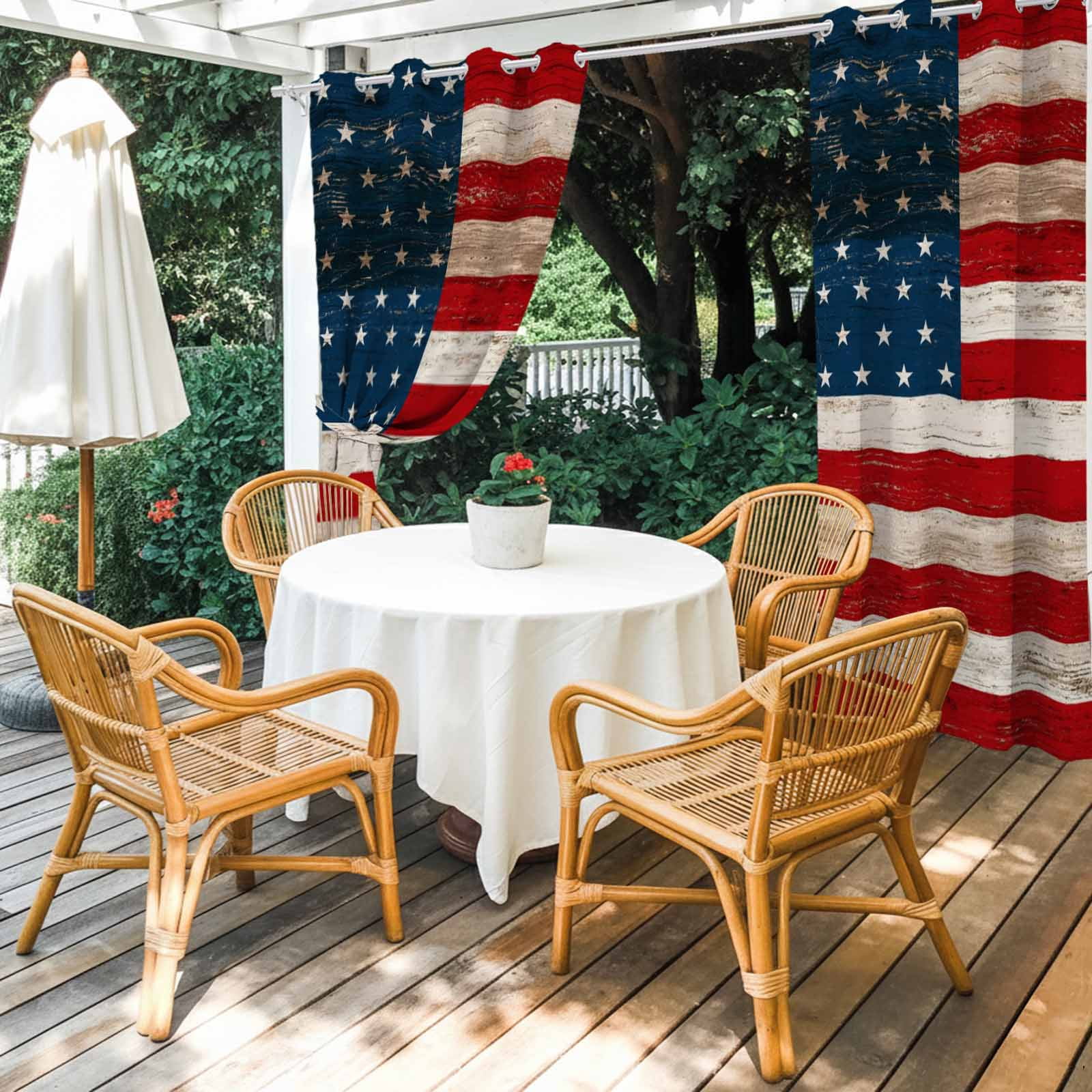 Independence Day Outdoor Curtains for Patio, American Flag Patriotic Red Blue Stripe Star Wood Grain Sunshade Privacy Drapes Grommet Waterproof Outside Curtains for Porch Balcony 54"x108", 1 Panel