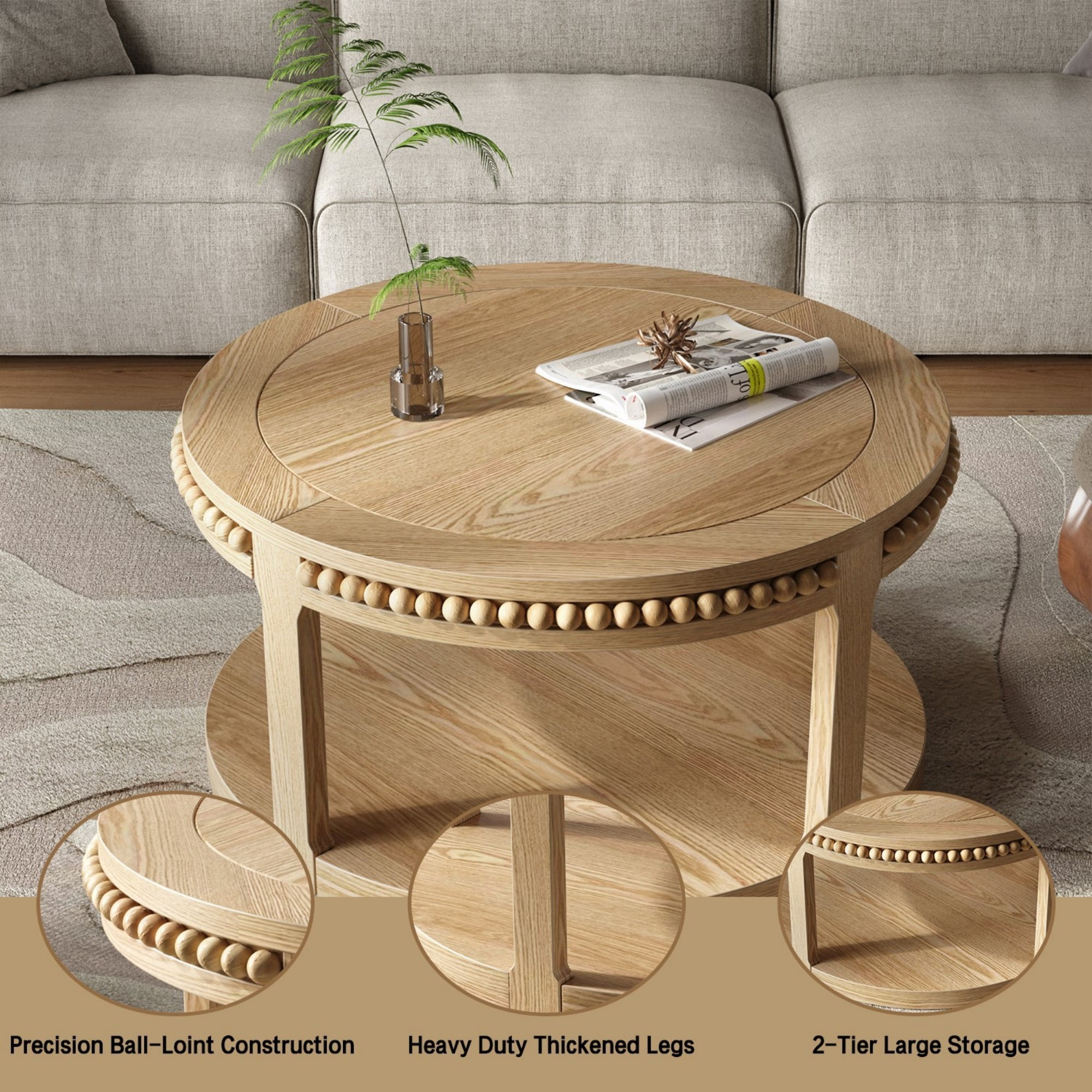 31.5" Round Solid Wood Coffee Table, 2 Tier Wood Coffee Table with Shelf, Modern Center Table for Living Room Sofa Table, Natural