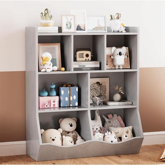 Grey Toy Storage Cabinet, Three-Tier Kids Bookshelf and Bookcase for Storage Books and Toys, Multi Shelf with Cubby Organizer for Bedroom and Playroom
