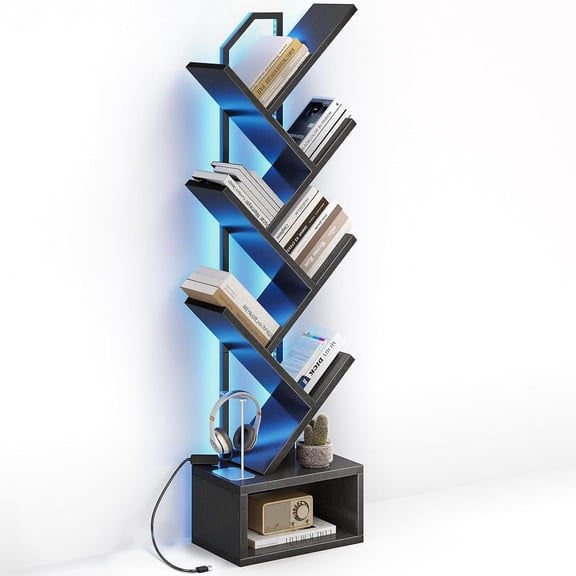 Tree Bookshelf with LED Lights, 6-Tier Narrow Bookcase for Small Spaces, Tall Steel & Wood Storage Shelf with Cabinet, Home Decor & Organizer for Living Room/Bedroom/Home Office