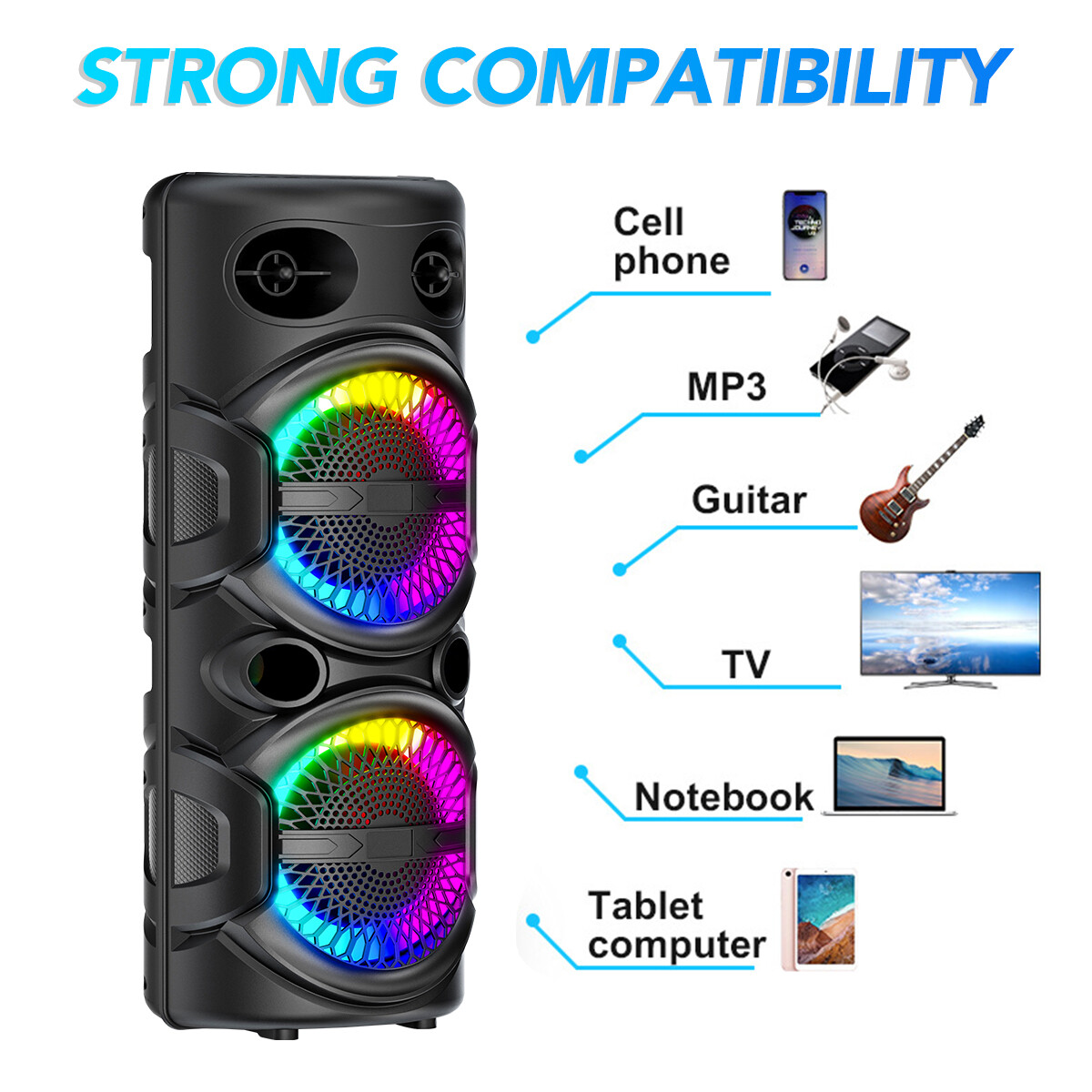 Dual 8" Woofer Portable FM Bluetooth Party Speaker Heavy Bass Sound With Mic LED
