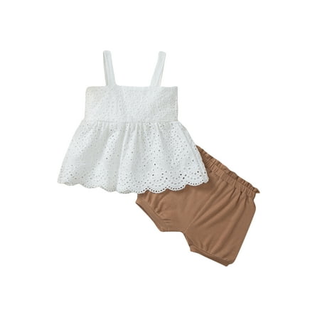 

Binpure Infant Girls Outfits Solid Color Wide Shoulder Strap Cutout Tops + Baggy Shorts