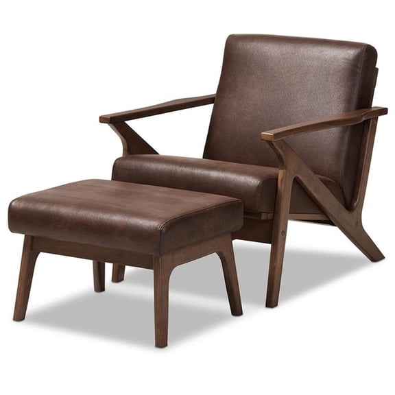 Baxton Studio Bianca Mid-Century Modern Walnut Wood Dark Brown Distressed Faux Leather Lounge Chair And Ottoman Set