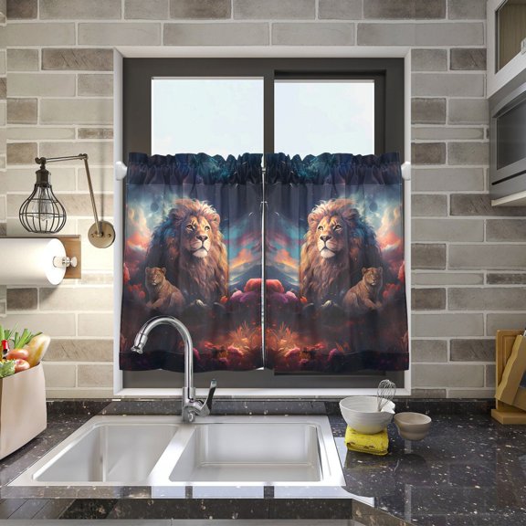 Lions Clouds Flowers Kitchen Curtains Half Tier Curtain 2 Rod Pockets Bathroom Bedroom Cupborad Living Room 27"x24"