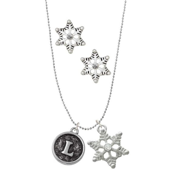 Delight Jewelry Silvertone Antiqued Round Seal - Initial - L - Silver tone Snowflake Charm Necklace and Stud Earrings