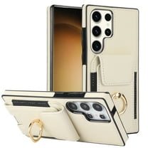 Dteck Card Slots Wallet Case for Samsung Galaxy S22 Ultra,Shockproof Premium PU Leather Kickstand Protective Cover with Ring Holder Back Case,Apricot