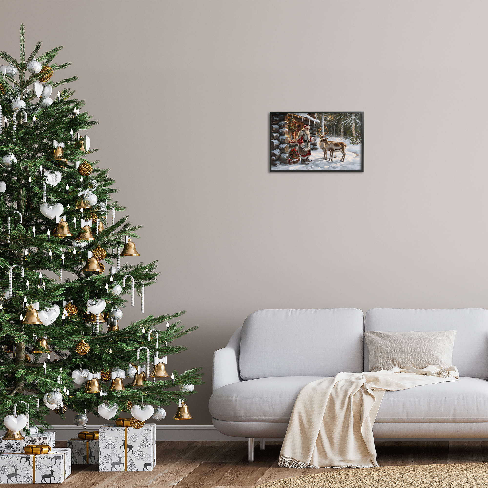 Stupell Industries Santa's Cabin with Reindeer Holiday Painting Black Framed Art Prints Wall Art, 18 x 12