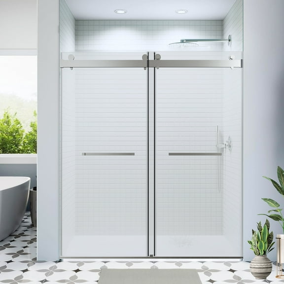 56-60*76 INCH Double Sliding Frameless Soft-Close Shower Door with Premium (8mm)Thick Tampered Glass and Easy-Cleaning Coating In Brushed Nickel