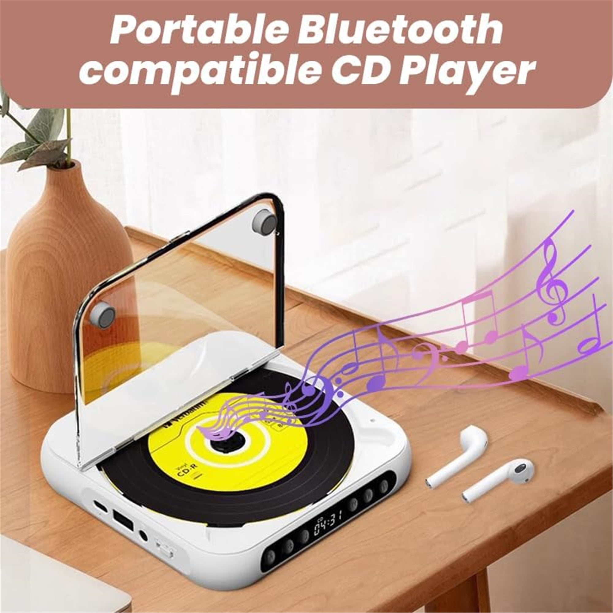 SQDWYGG 2025 Upgraded Portable Bluetooth-Compatible CD Player|Bluetooth 5.3|Hi-Fi Sound|Rechargeable Battery|Supports CD/CD-R/CD-RW/MP3|Compact&Lightweight Music Player for Travel,Home,Car,Pink