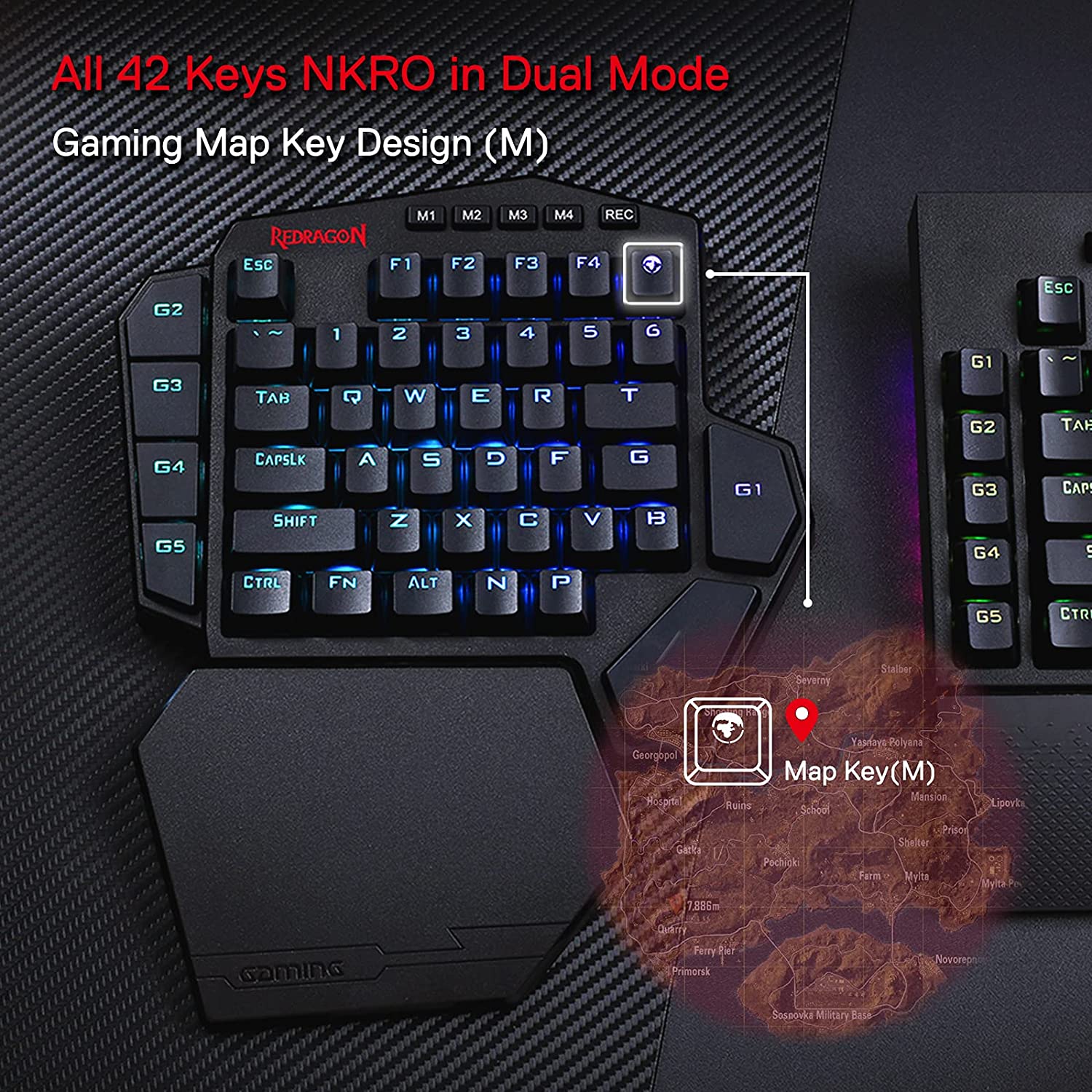Redragon K585 PRO Wireless One-Handed Mechanical Keyboard, 42 Keys 3-Mode RGB 40% Gaming Keypad w/ 7 Onboard Macro Keys, Detachable Wrist Support, Rechargeable Battery (Blue Switch)