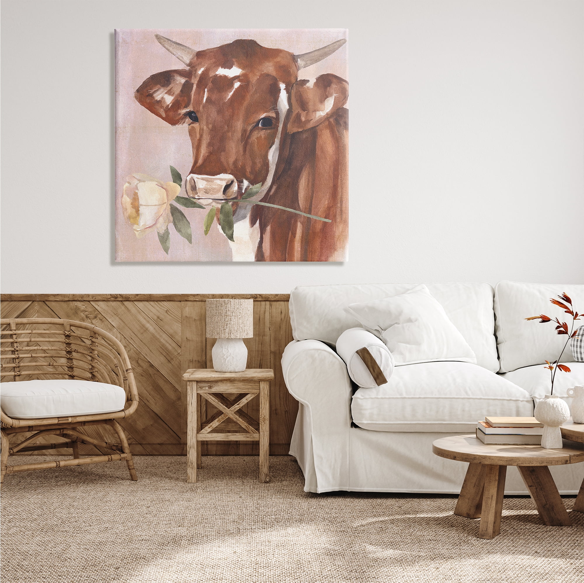 Stupell Industries Romantic Bull Cattle White Rose over Pink, 36 x 36, Design by Annie Warren