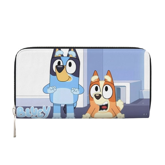 Kowoue Bluey Pattern Genuine Leather Long Wallet Card holder Wallet with Coin Pocket Wristlet Clutch Wallet Purse