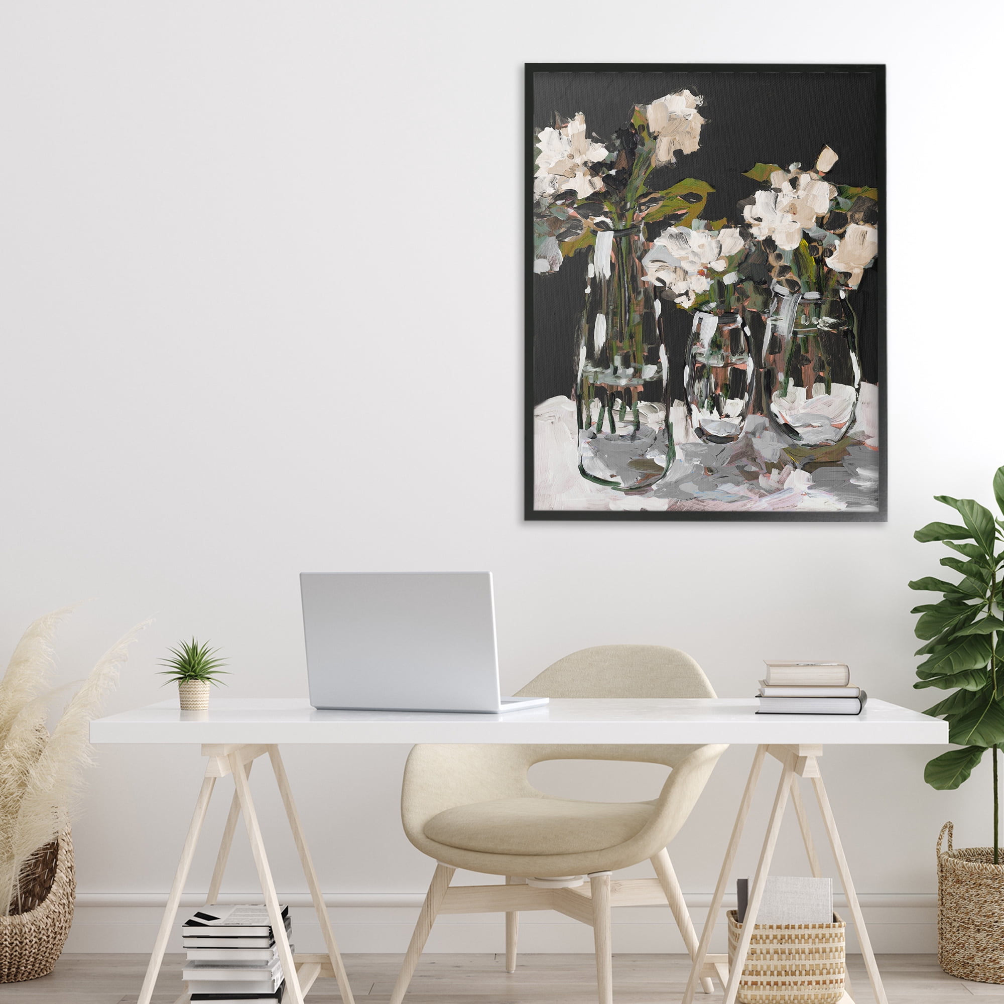 Stupell Industries Three Flower Vases on Black Black Framed Giclee Art, design by Jane Slivka