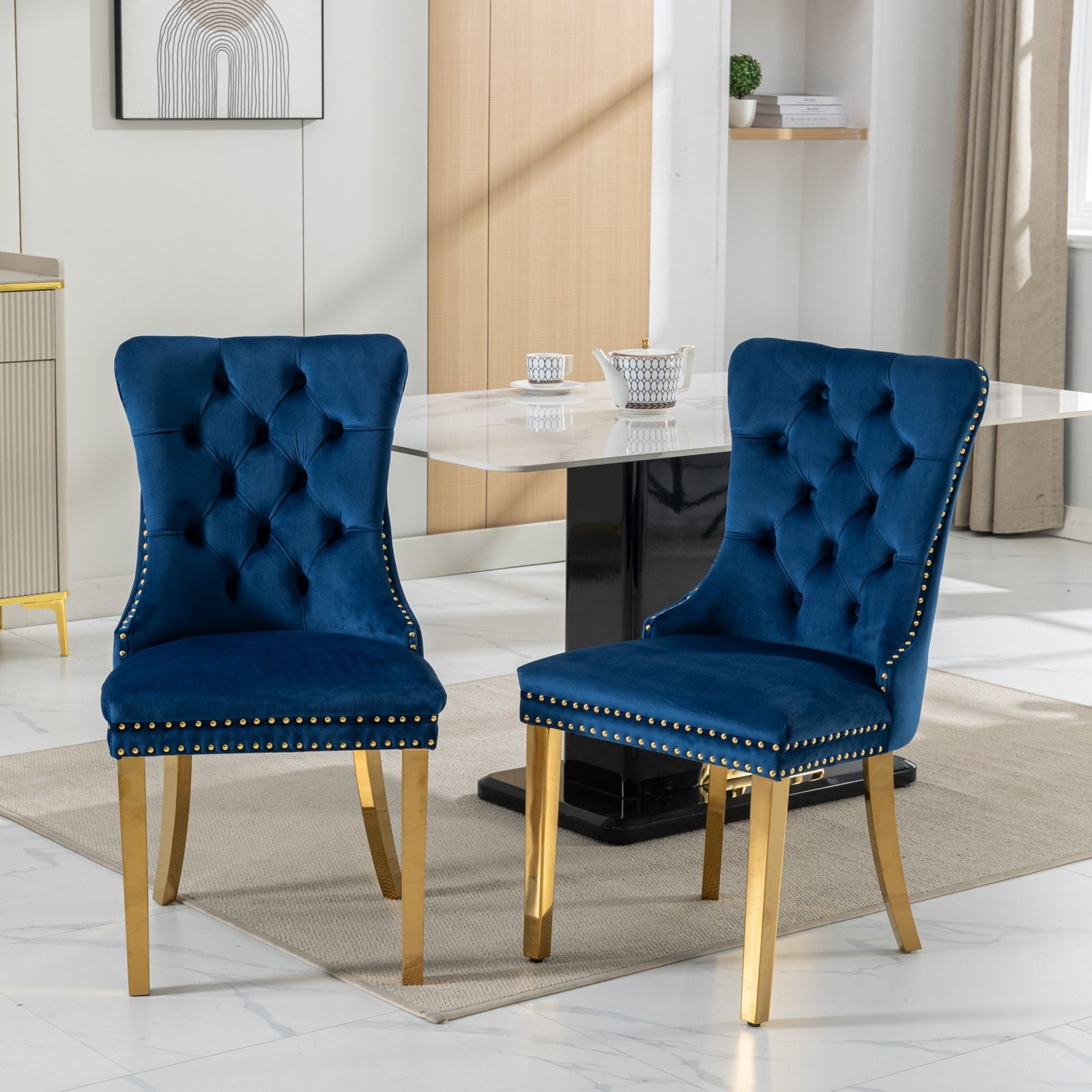 Dining Room Chairs with Velvet Fabric Dining Chairs with Golden Stainless Steel Plating Legs, Backrest and Button Velvet Fabric Design,Luxury Home Furniture for Dining Room(Blue Set of 4)