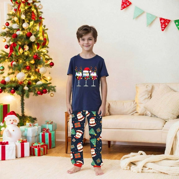 Family Christmas Pjs Matching Sets Short Sleeve Xmas Vacation Pajamas Graphic Holiday Crewneck Tops and Long Pants Comfortable Sleepwear 2 Piece Loungewear