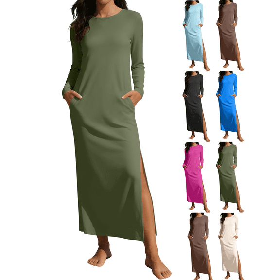 Women Crewneck Maxi Dress Slit Casual Loose Solid Color Long Sleeve Dresses with Pockets