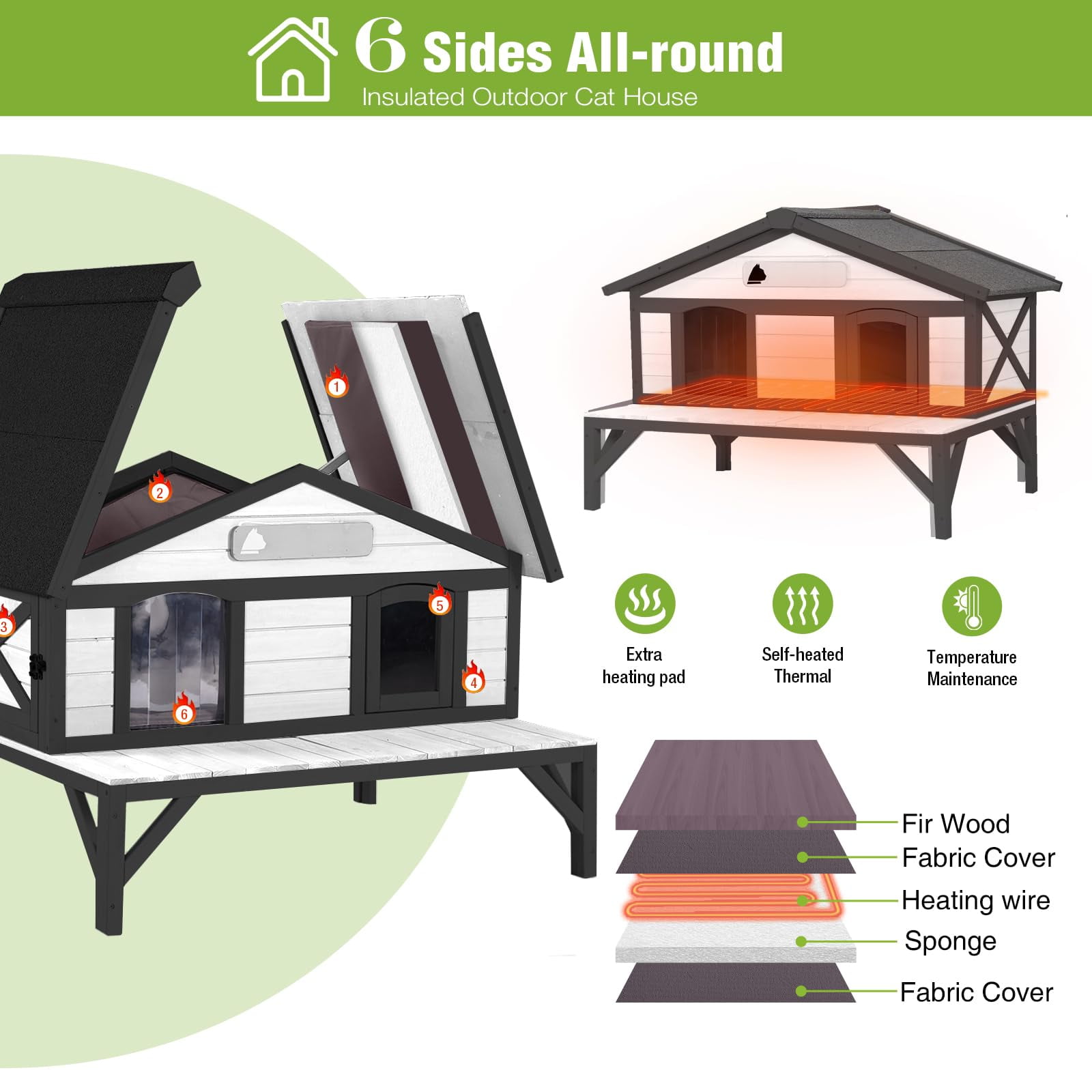 Aivituvin Heated Cat House for Outside, Large Outdoor Cat House Insulated Weatherproof Feral Cat Shelter with Heating Pad, Insulated Thermal Liner, Chewproof Cable for 1-4 Cats, Black & White
