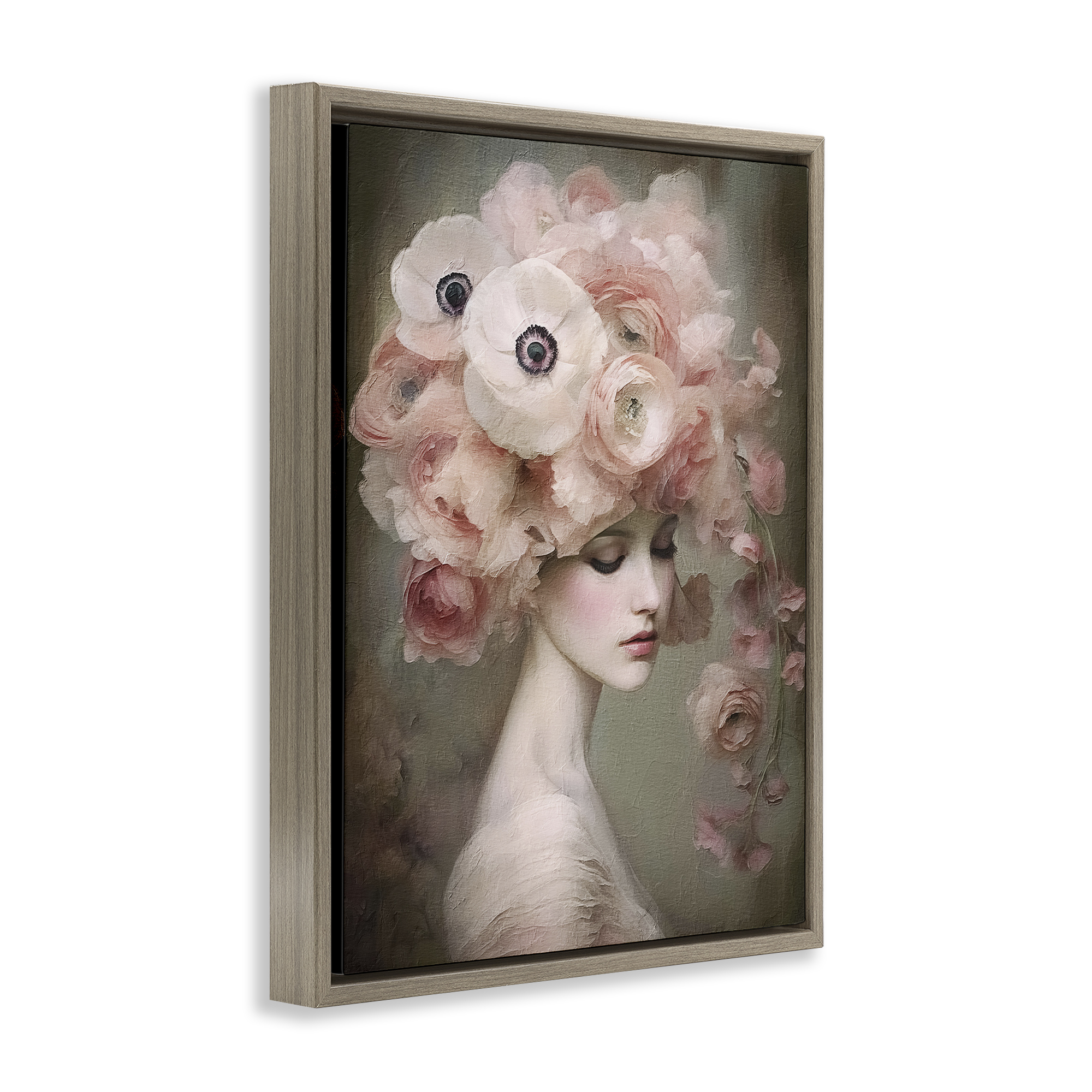 Stupell Industries Woman & Blush Florals Novelty Painting Brown Floater Framed Art Print Wall Art, 25 x 31