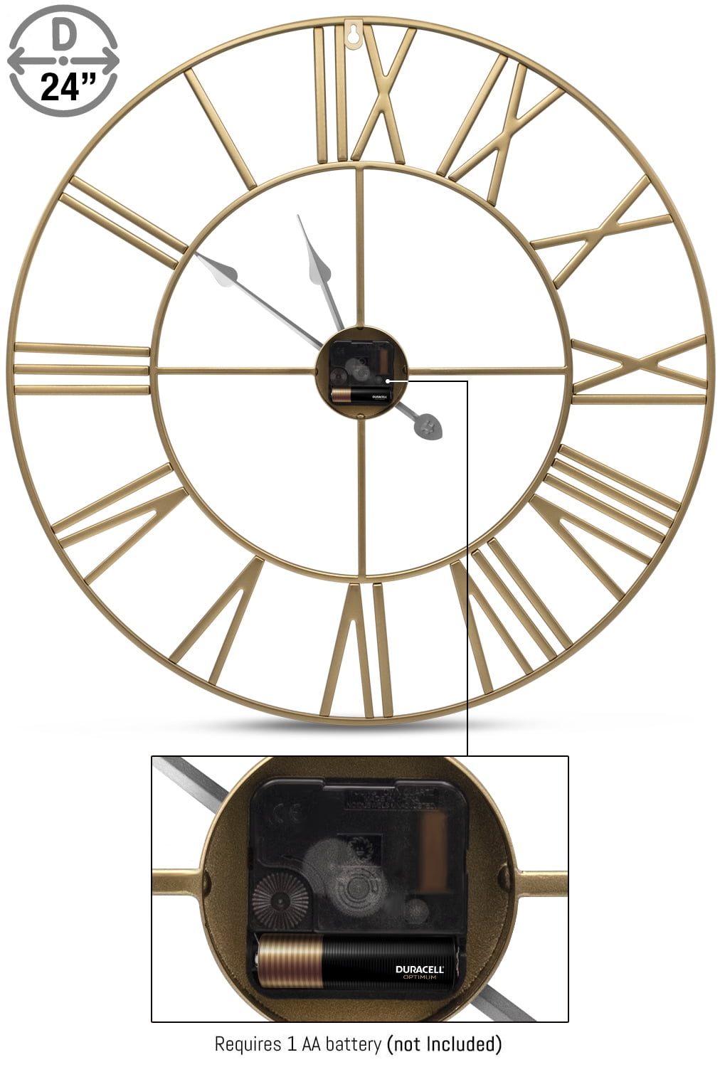 Sorbus 24in Roman Numeral Wall Clock, Decorative Gold Analog Time Display