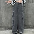 thumbnail image 4 of CPNG Girls Baggy Cargo Jeans Y2K Kids Straight Wide Leg Loose Casual Cargo Denim Trousers with Multi-Pocket(Dark Gray,13-14 Years), 4 of 9