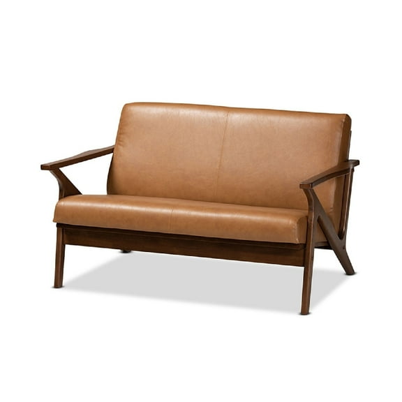 Baxton Studio Bianca Mid-Century Modern Walnut Brown Finished Wood and Tan Faux Leather Effect Loveseat