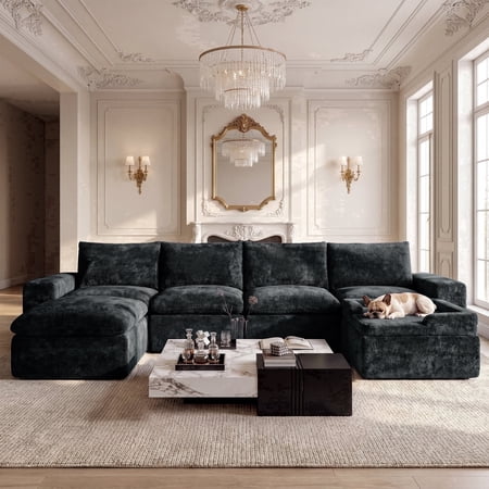 BEHOST 6-Piece 130" Modular Sectional Sofa, Velvet Boneless Cloud Couch with Dog Pad, Oversized Deep Seat Couches for Living Room, Dark Gray