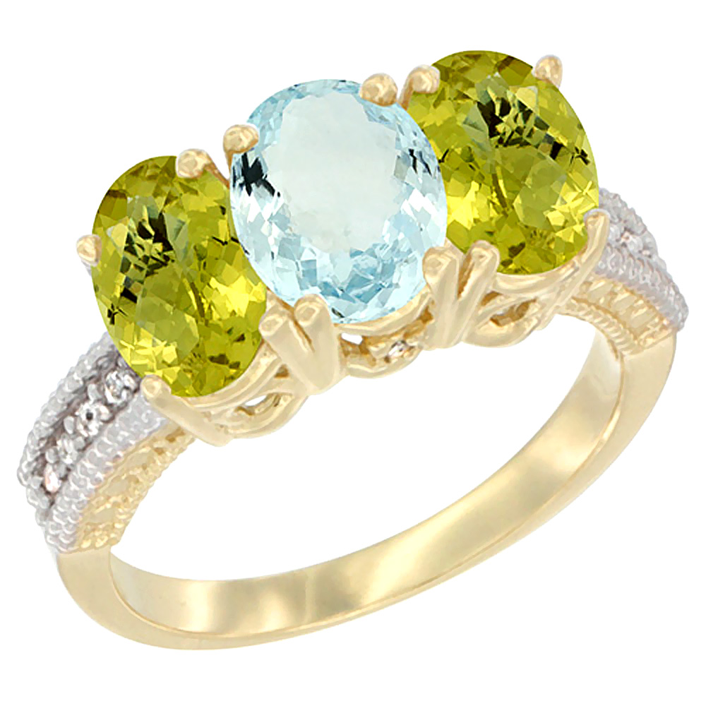 10K Yellow Gold Diamond Natural Aquamarine & Lemon Quartz Ring 3-Stone 7x5 mm Oval, sizes 5 10 by WorldJewels