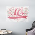 thumbnail image 1 of 16th Birthday Decorations Tapestry, Floral Sweet Sixteen Typohraphy with Spring Rose Petal Image, Wall Hanging for Bedroom Living Room Dorm Decor, 60W X 40L Inches, Dark Coral Mint, by Ambesonne, 1 of 2