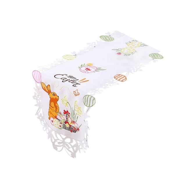 Easter Table Runner Bunny Embroidered Polyester Tablecloth For Holiday Tables 69.2 in x 14.9 in White