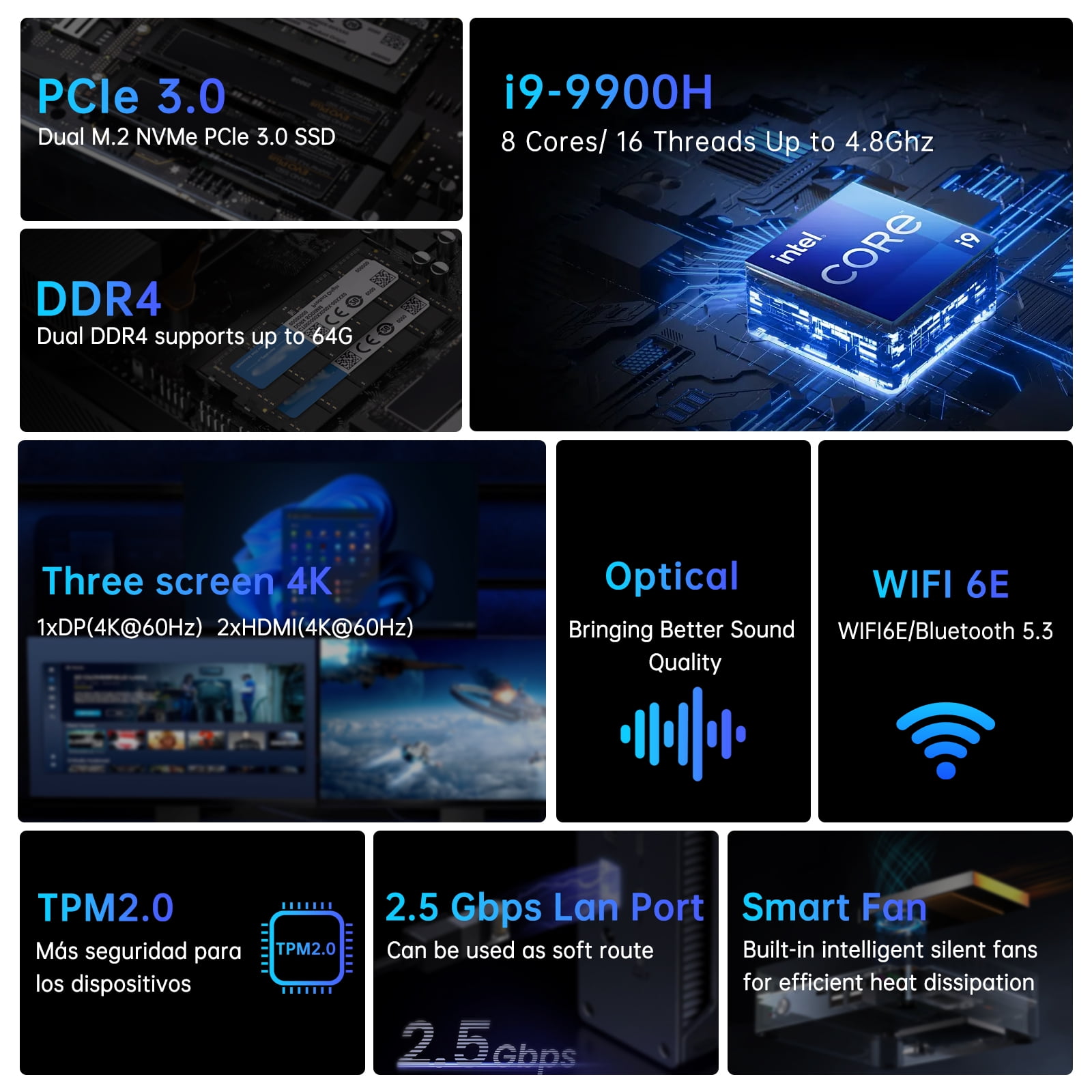 Mini PC i9, Kinupute Desktop Computer Core i9-9880H, TPM2.0, Windows 11 Pro, 32G DDR4, 1T PCIE3.0 NVME SSD, DP/HDMI/USB-C Port, 4K@60Hz, 2x2.5G RJ45 LAN, WiFi 6E/BT5.3, Support 4G Module, HTPC