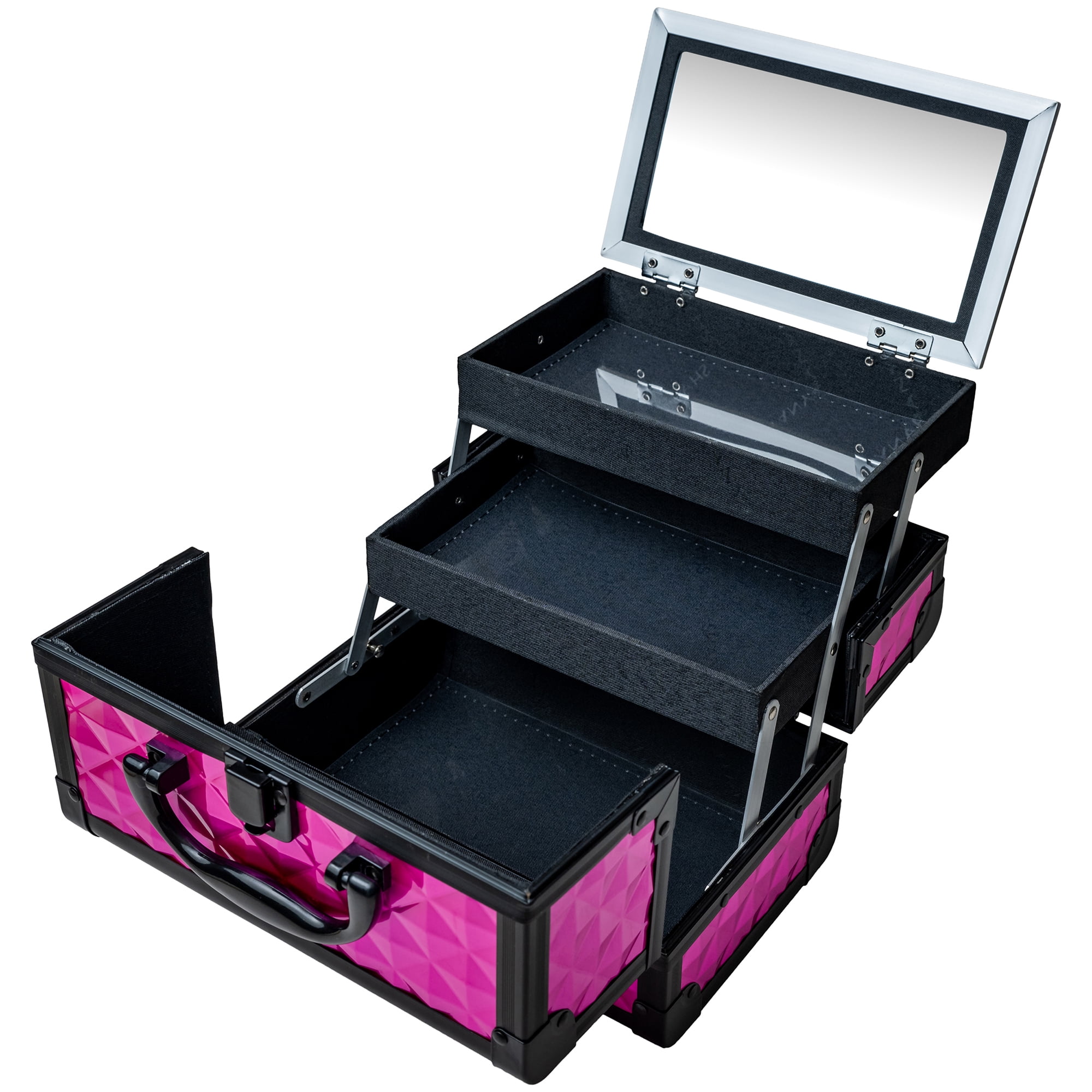 SHANY Chic Makeup Train Case Cosmetic Box Portable Makeup Case Cosmetics Beauty Organizer Jewelry storage with Locks , Multi trays Makeup Storage Box with Makeup Mirror - FOXY PINK
