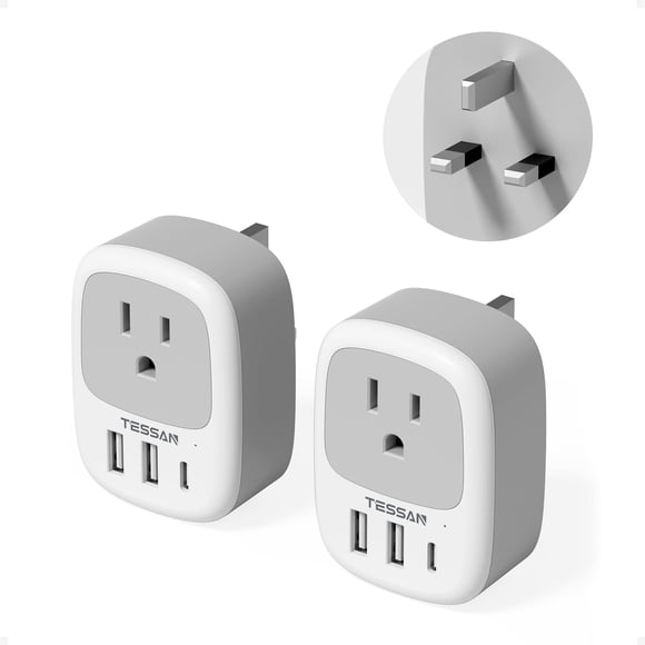 Canada to UK Ireland Travel Adapter 2 Pack, TESSAN Plug Adaptor with 1 Outlet and 3 USB Ports(1 USB C), Type G Power Plug for Lond