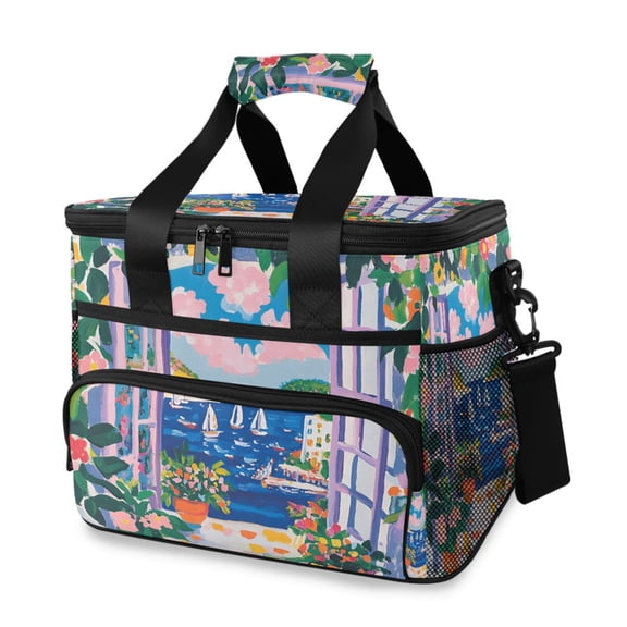 FORMRS Insulated Cooler Bag 24 Cans Capacity Soft Leakproof Lunch Box with Side Pockets, Floral Window