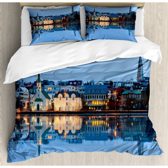 Iceland Duvet Cover Set King Size, City Silhouette with Reflection on Lake Tjornin Cityscape Tranquility, Decorative 3 Piece Bedding Set with 2 Pillow Shams, Multicolor, by Ambesonne