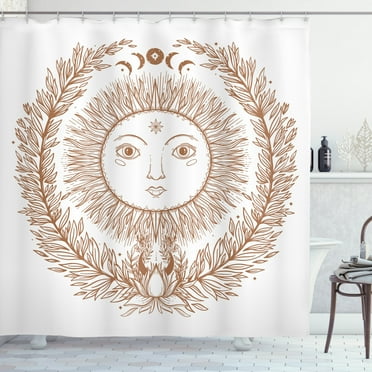 Alchemy Shower Curtain, Monochrome Sketch of Sun with Face and Leafy Branches, Fabric Bathroom Set with Hooks, 69W X 84L Inches Extra Long, Pale Cinnamon White, by Ambesonne