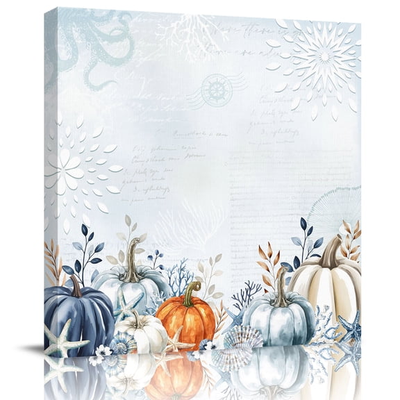 Wall Art Prints, Blue Pumpkins Fall Framed Canvas Prints for Bedroom Living Room Bathroom Office, Coastal Thanksgiving Summer Botanical Gallery Wrap Wall Art Poster for Gifts Home Decor 12"x12"