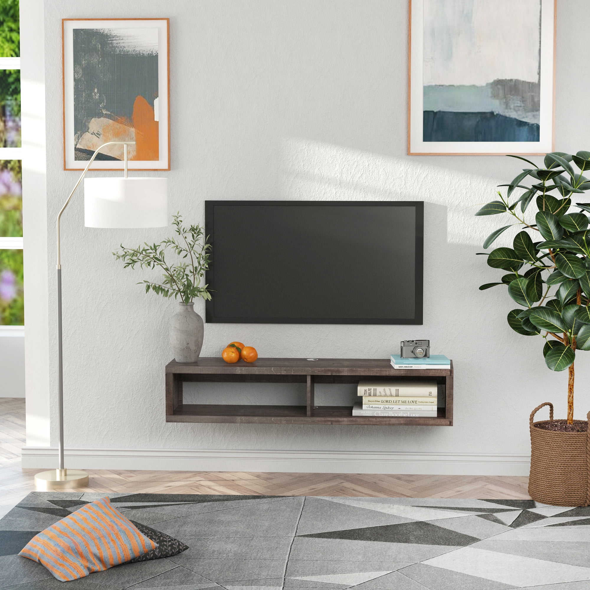 HOMCOM Wall Mounted TV Stand, Media Console Floating Storage Shelf for Living Room or Home Office, Dark Gray