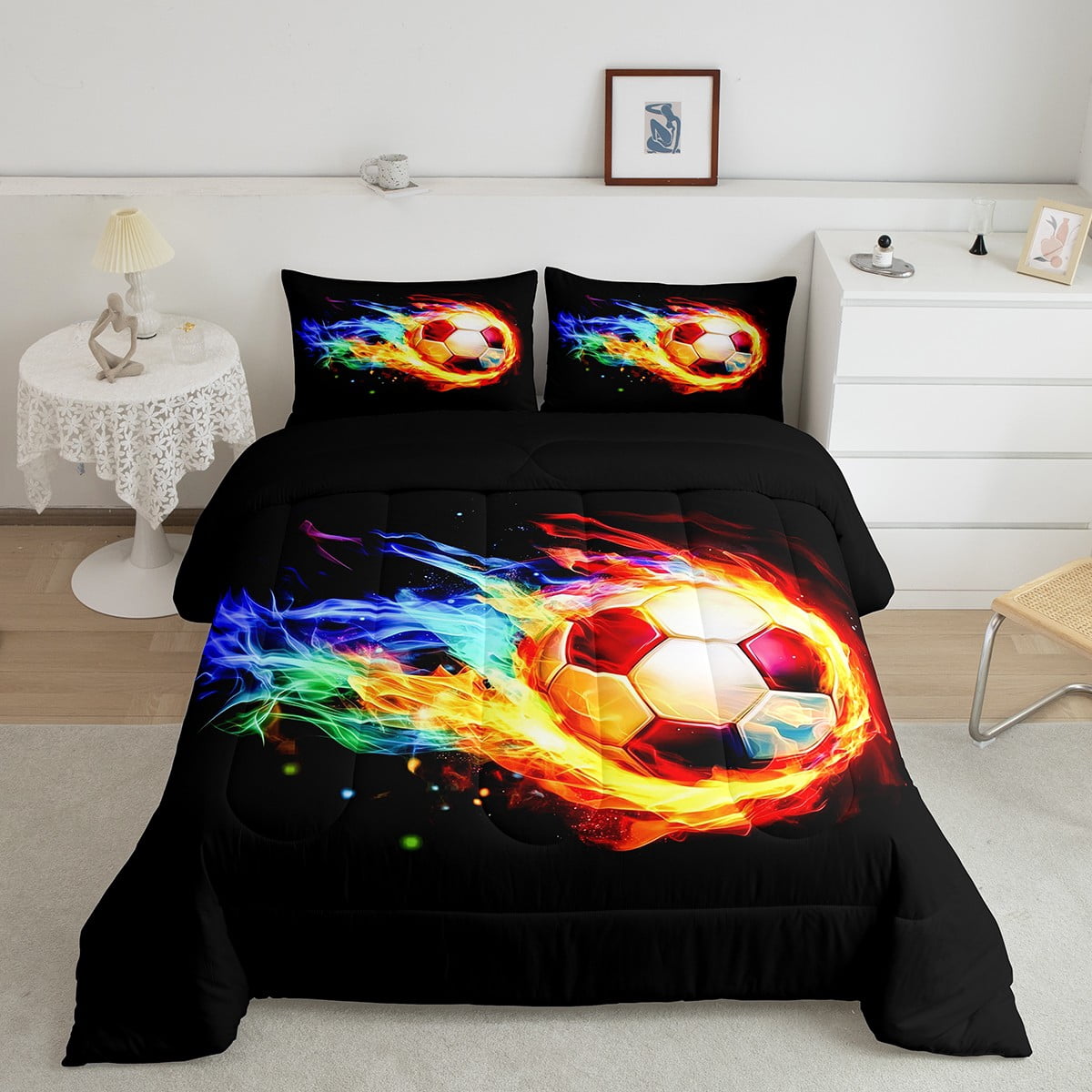 jejeloiu Sports Football Queen Comforter Set,Soccer Game Bedding Sets,Colorful Flame Bedding Comforter Set For Children,Super Cozy Bedroom Decor Reversible,3 Pieces