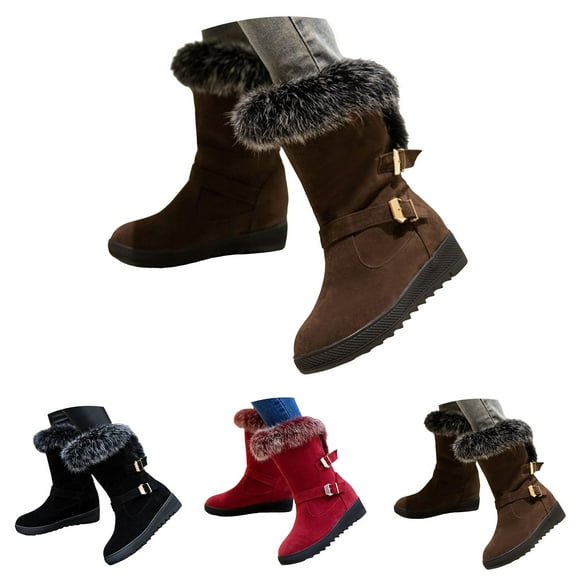 Dakaela Women's Winter Snow Boots Suede Fleece Lined Warm Mid Calf Booties Wedge Low Heel Outdoor Walking Shoes Black Size 5.5