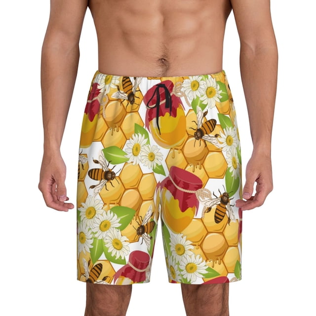 Balery Bees Honeycomb Pantalones cortos de pijama de punto de algodón para hombre con cinturilla y bolsillos-Medium