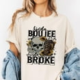 thumbnail image 2 of Kinda Boujee Kinda Broke Graphic T-Shirt - Funny Skull and Tumbler Tee for Women, Trendy Casual Apparel, Sunflower Leopard Print Design, Humorous Gift, 2 of 7