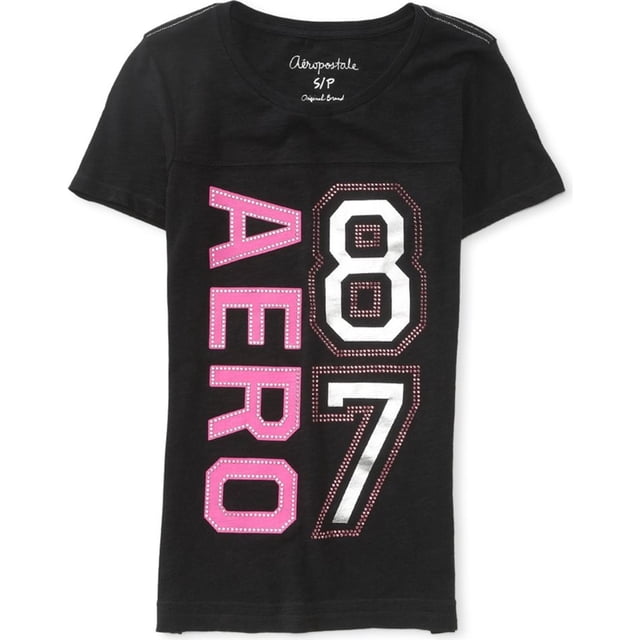 Aeropostale - Camiseta gráfica para mujer Aero 87 con diamantes de imitación, color negro, pequeña Aeropostale Camiseta gráfica
