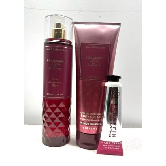 Bath & Body Works Champagne Apple & Honey 3 Piece Gift Set (Fine Fragrance Mist 8 fl. oz., Ultimate Hydration Body Cream 8 oz., and Hand Cream 1 fl. oz.)