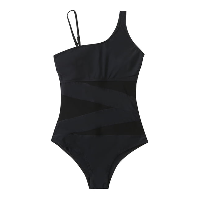 DPTALR Women With Chest Pad Without Underwire Patchwork Strap Shoulder Splicing Yarn Mesh Bikini One-piece Swimsuit