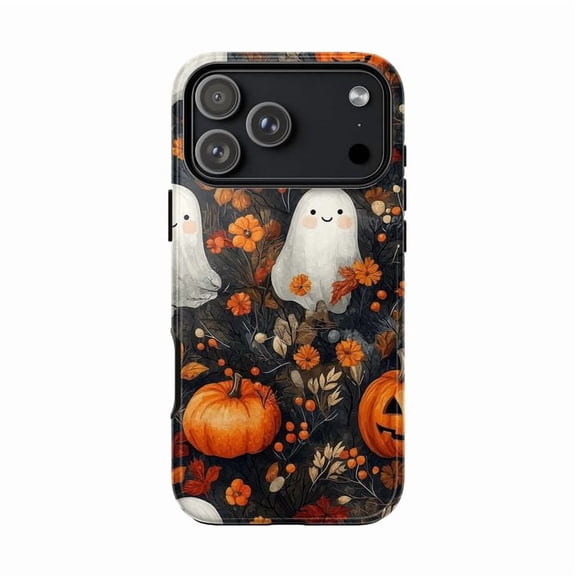 Cute Ghost Pumpkin Floral Phone Case, Autumn Halloween iPhone Cover, Spooky Fall Protective Case for iPhone 17 16 15 14 13 12 11 Pro Max Mini